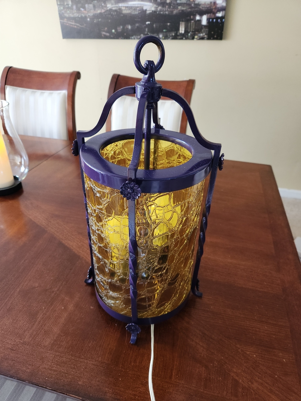 Antique Brass Painted Purple and Amber Crackled Glass Table Lantern